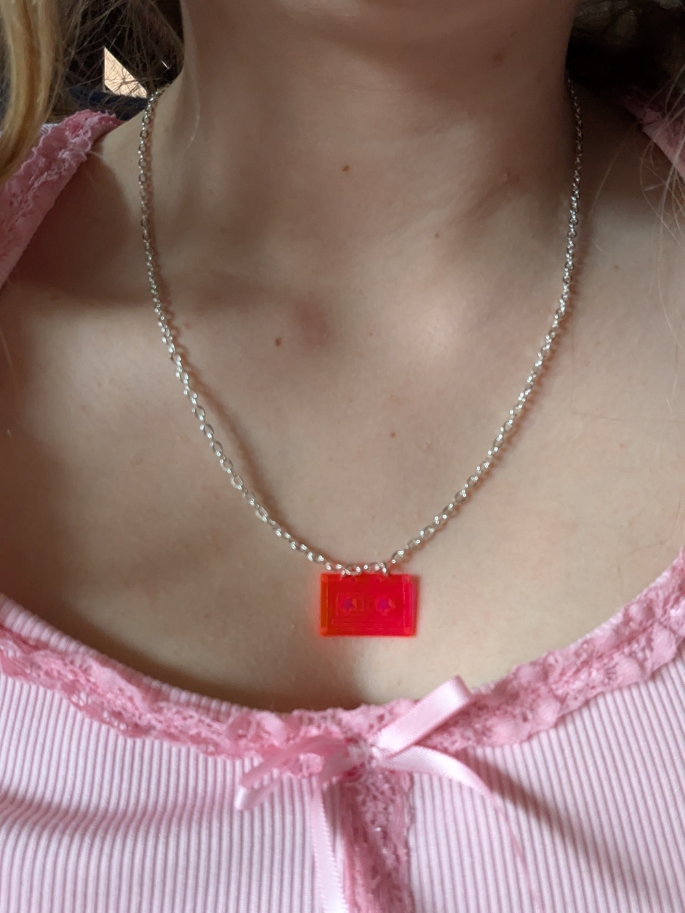 Pink Retro Cassette Pendant Necklace - Silver Chain